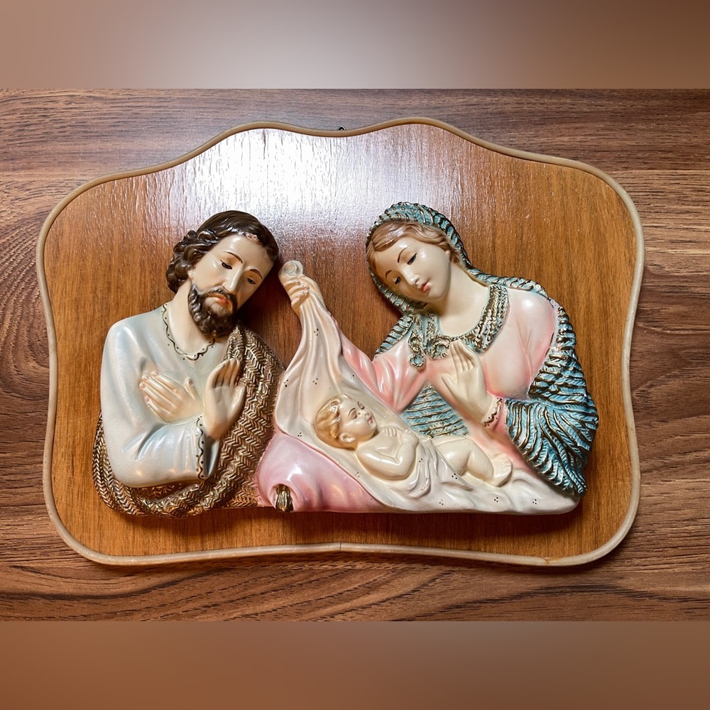 Religious Wall Plaque with Holy Family 1960s chalk ware